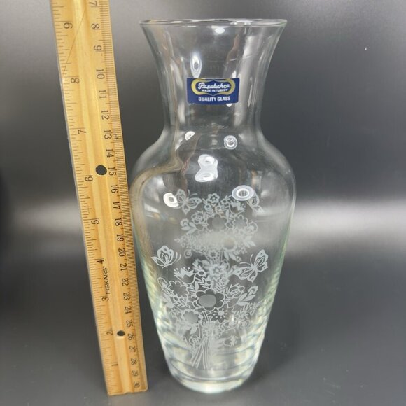 Pasabahce Glass Vase Vessel Tall Clear With White Floral Butterfly Pattern VTG - Picture 4 of 10